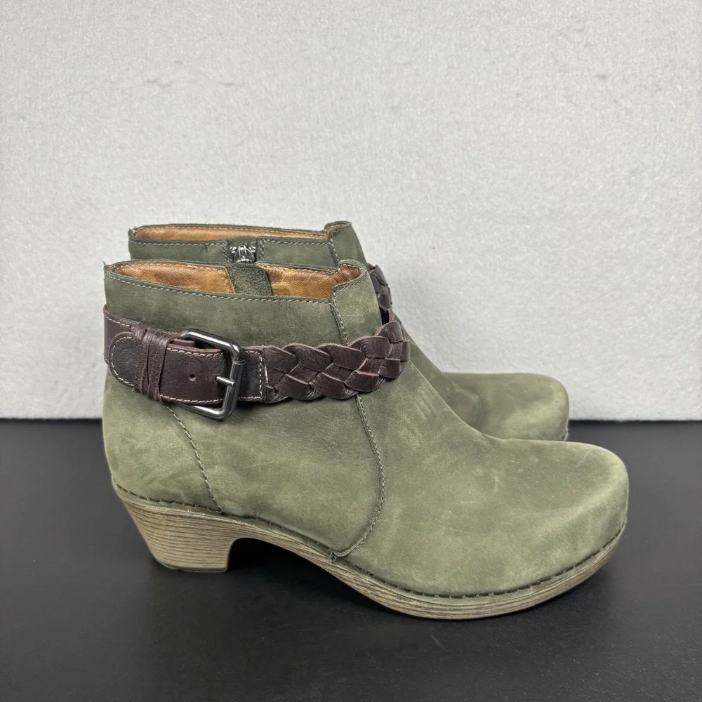 Dansko Michelle Green Nubuck Leather Ankle Booties Boots EU 38 US 7/7.5 Side Zip